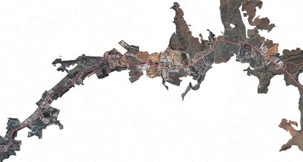 Kunming, China. Narrative #3. A patch change narrative of how road edges change. The rule here is every patch that is adjacent to a road (pink line) is shown. What this reveals the transition whereby a local road is eclipsed by a ring road, and a connection to a new international airport (out of frame.) In making this drawing I wondered about the people who use the road. Does this type of drawing resonate in any way with their lived experience of witnessing this change as a commuter? Later when I visited Kunming (also called ground truthing) I felt like I was inside this drawing. I âknewâ the area in a strange way, and of course it was completely alive in incredibly detailed and sensorial ways that can never be learnt remotely. Credit: Victoria Marshall and Colin Macfadyen