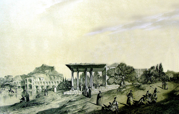 Artist’s Rendition of Safavid-era Isfahan, which is typically described as the pinnacle of garden cities interspersed with harmoniously-designed pavilions and spacious thoroughfares. http://ajammc.com/2012/10/23/the-bridge-to-new-julfa-a-look-at-the-armenian-community-of-isfahan/