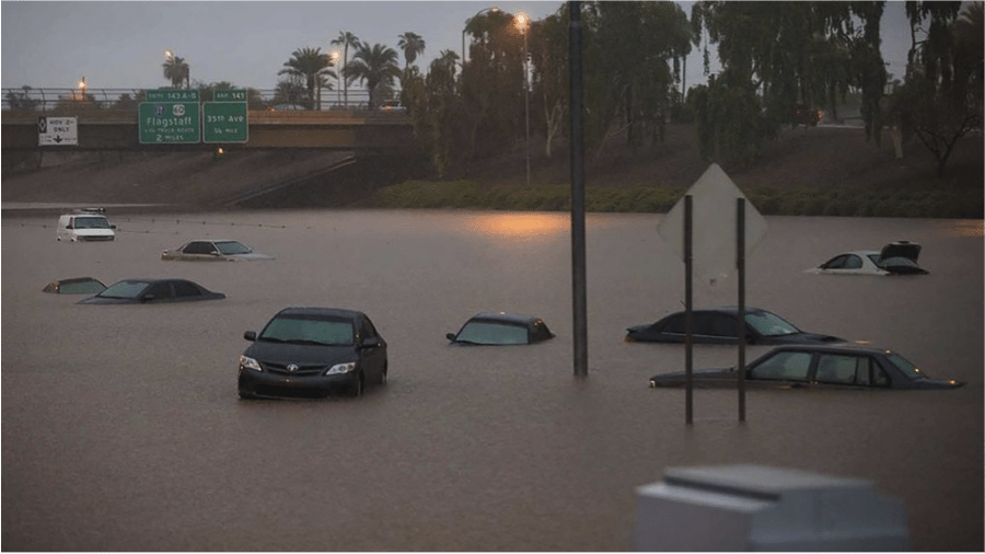 Phoenix, Arizona USA was brought to a halt by a single storm on September 8th, 2014. Local climatologists called it a 500-year event when it rained 10-15cm in less than 24 hours. Photo: Twitter/Michael Chow