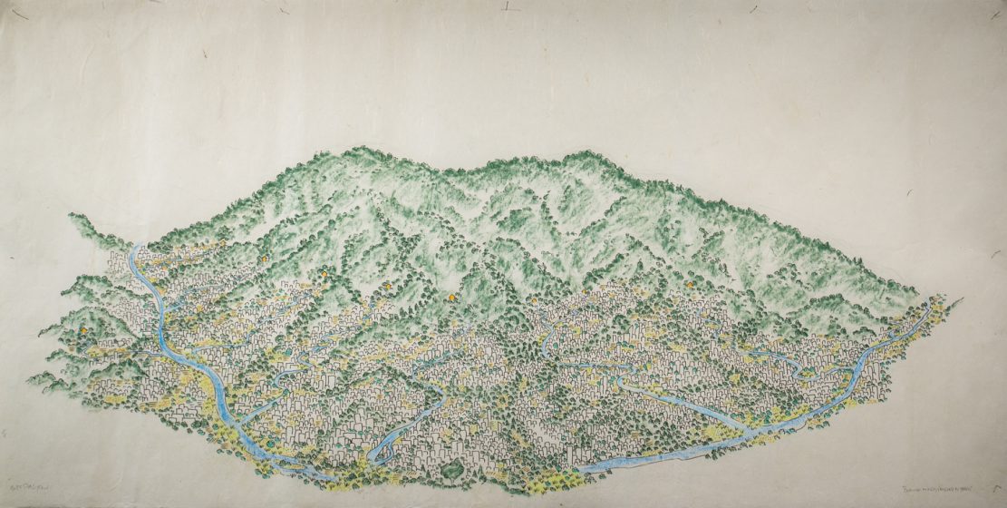 A picture of a drawing of a cityscape on the side of a mountain