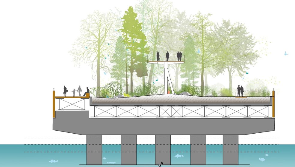 A graphic of a footbridge with trees and people standing on top of it