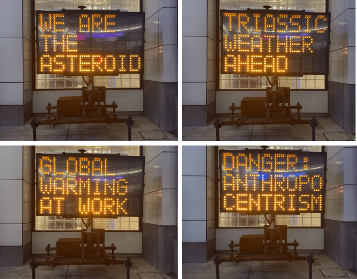Four pictures of a digital construction sign