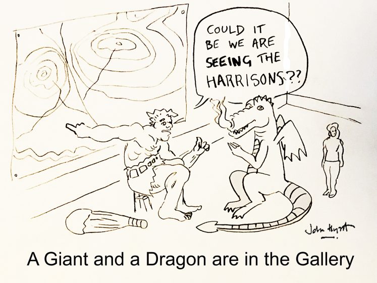 An illustration of a dragon and a man sitting in an art gallery having a discussion