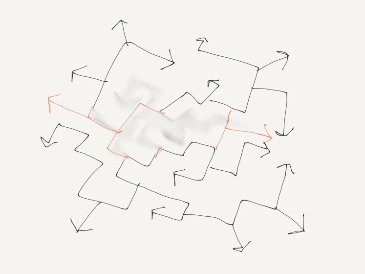 An illustration of a maze of arrows with some line erased